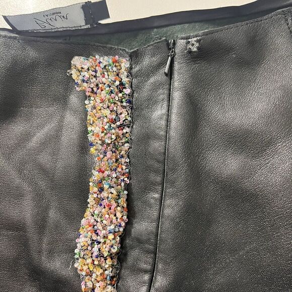 Y2K Genuine Leather Skirt Womens Asymmetric Beaded Front Slit Black Size 6 - Picture 4 of 9